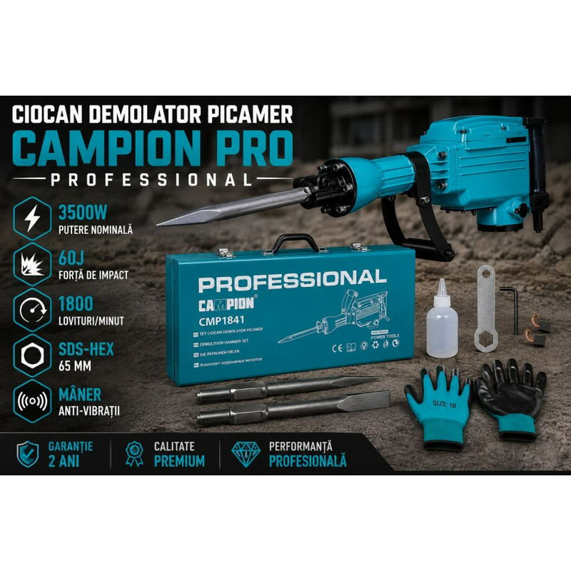 Ciocan demolator picamer Campion PRO Professional 3500W, 60J, SDS-HEX 65 mm, 1800 lovituri/minut, maner anti-vibratii, pentru beton si demolari grele [10]