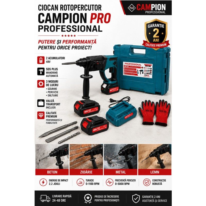 Ciocan Rotopercutor ALTAI CAMPION PRO Brushless, 2 Acumulatori 48V/6Ah, SDS-Plus, 4J, 4 Funcții, Mandrină Automată și Valiză Transport [5]