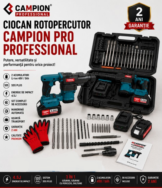 Ciocan Rotopercutor CAMPION PRO Professional, 2 Acumulatori 48V 5Ah, 4,5J, SDS Plus, 3 Funcții, Mandrină Automată și 98 Accesorii [2]