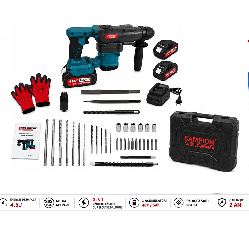 Ciocan Rotopercutor CAMPION PRO Professional, 2 Acumulatori 48V 5Ah, 4,5J, SDS Plus, 3 Funcții, Mandrină Automată și 98 Accesorii [3]