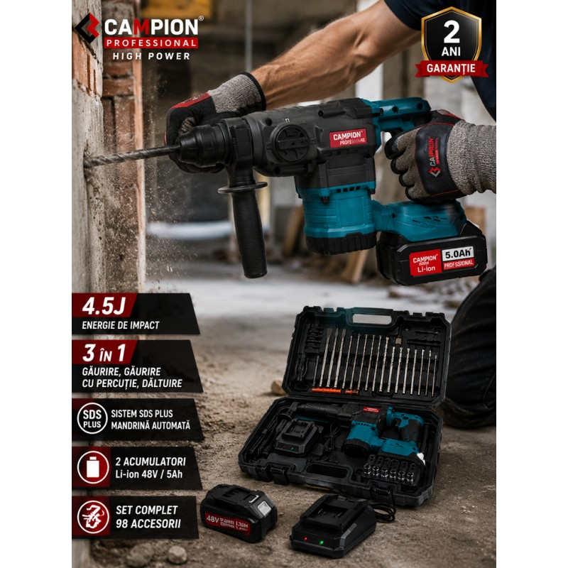 Ciocan Rotopercutor CAMPION PRO Professional, 2 Acumulatori 48V 5Ah, 4,5J, SDS Plus, 3 Funcții, Mandrină Automată și 98 Accesorii [5]