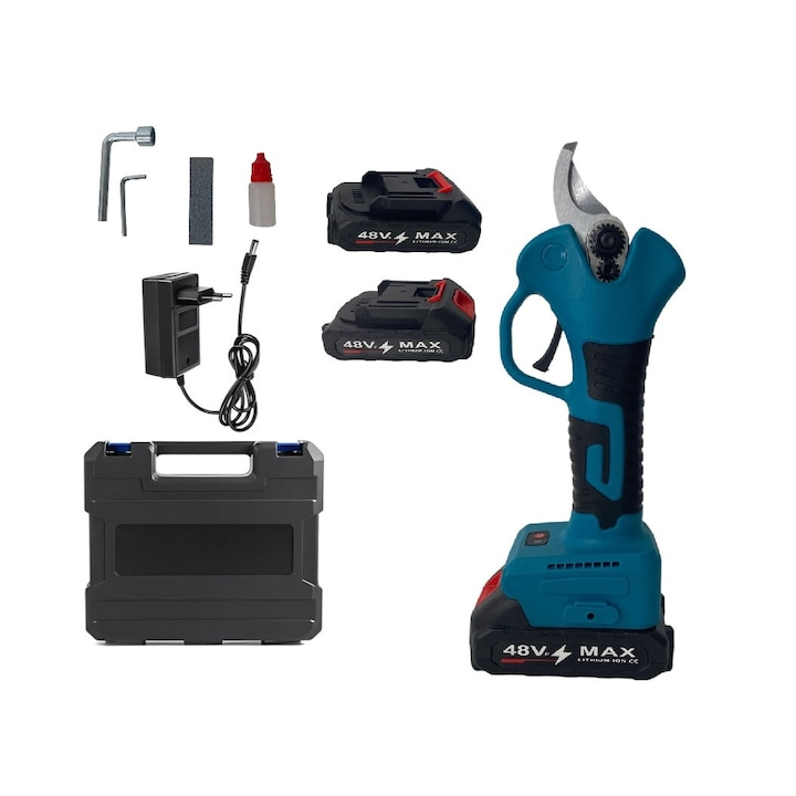 Foarfeca Electrica pentru Gradinarit, 2 Acumulatori 48V, Lama din Otel Carbon, Baterie 9700mAh, fara fir, Accesorii si Valiza Transport, albastru [1]