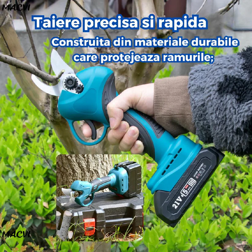 Foarfeca Electrica pentru Gradinarit  48V, 8AH, 2 Baterii, 2 Lame din Otel Carbon, ideala pentru Vita de Vie si Crengi, Albastru [3]
