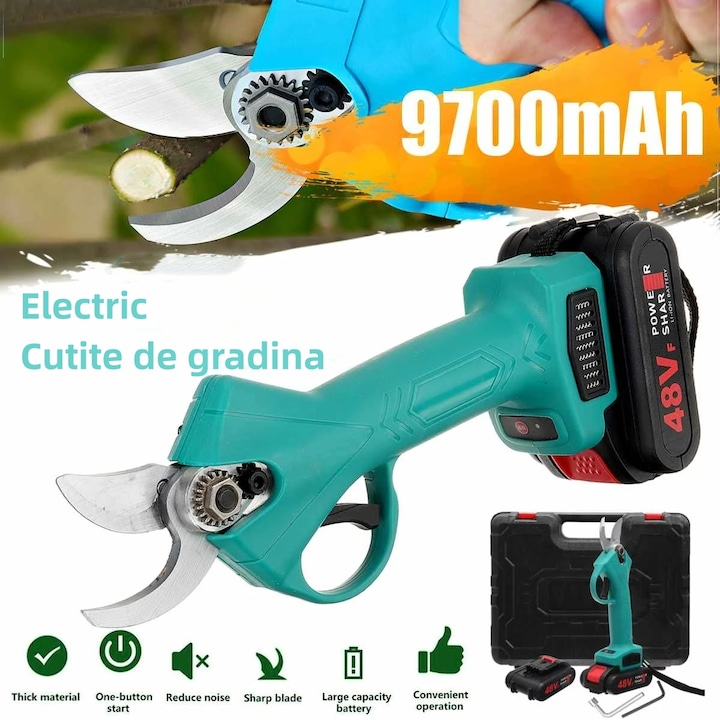 Foarfeca Electrica pentru Gradinarit, cu 2 Acumulatori 48V, cu Lama din Otel Carbon, Baterie 9700mAh, Accesorii si Valiza Transport [5]