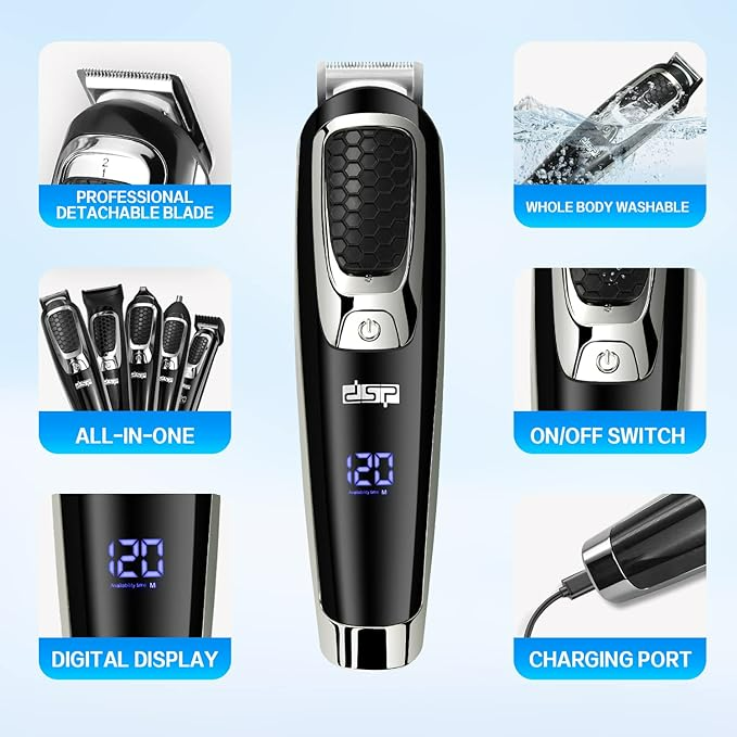 Kit de îngrijire a bărbii pentru bărbați Mașină de tuns electrică 5 în 1 Set de barbă multifuncțional rezistent la apă Trimmer facial fără fir pentru mustață cu afișaj LED [3]