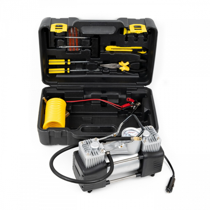 Kit pentru pana vulcanizare, compresor 12V, 2 cilindri 150 PSI si 7 accesorii premium [2]