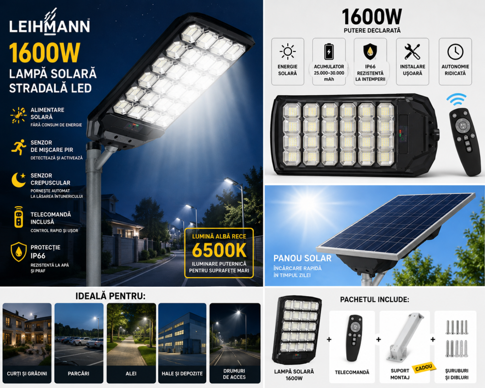 Lampa Solara Stradala LED LEIHMANN 1600W, Senzor de Miscare PIR, IP66, Telecomanda, 6500K, Suport Montaj Inclus Cadou [5]