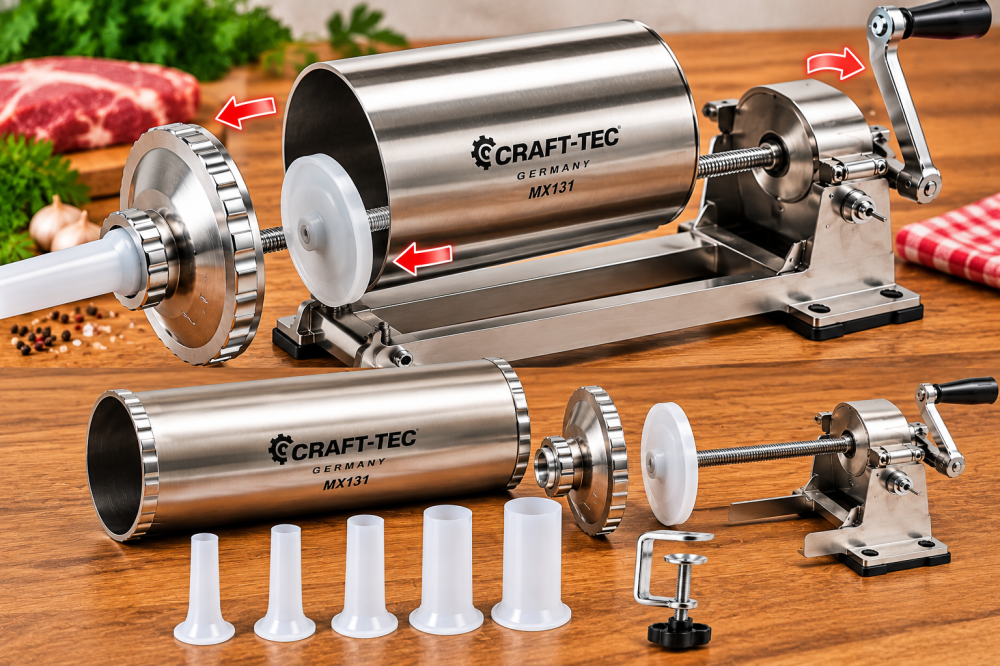 Mașină de Umplut Cârnați Orizontală Craft-Tec Germany MX131, Capacitate 4 KG, 5 Pâlnii Incluse, Acționare Manuală, Prindere pe Masă [2]