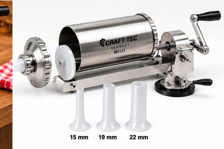 Mașină de Umplut Cârnați Orizontală Craft-Tec Germany MX133, Capacitate 2,5 KG, Inox, 3 Pâlnii Incluse, Prindere cu Ventuză, Acționare Manuală [2]