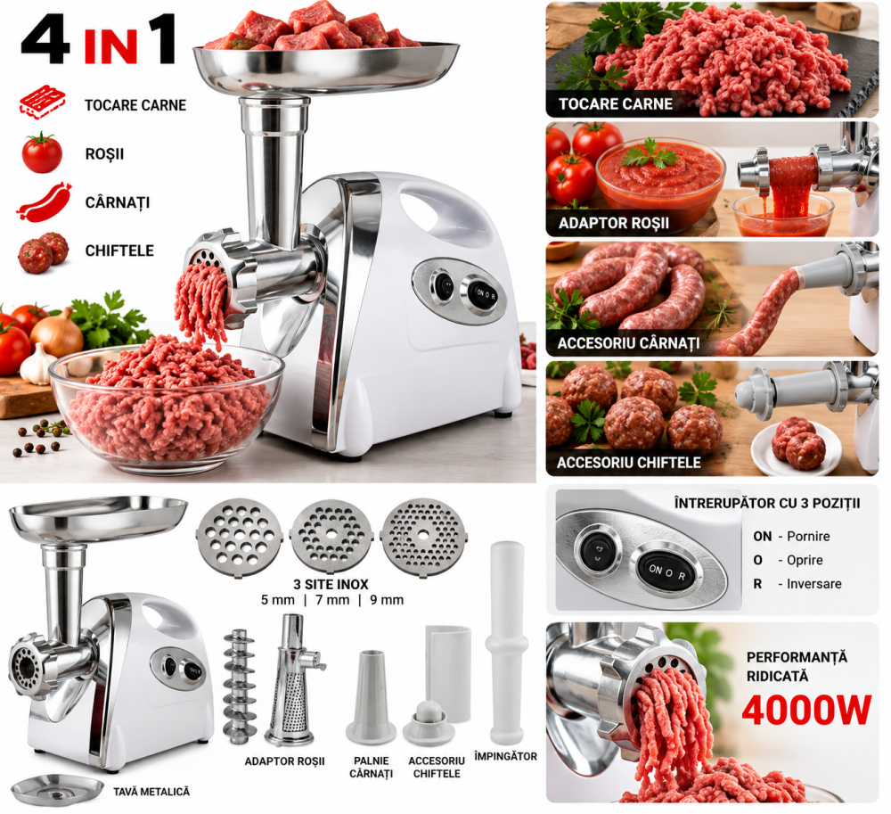 Mașină Electrică de Tocat Carne 4000W, 4 în 1, Adaptor Roșii, Cârnați și Chiftele, 3 Site, PROFESSIONAL CAMPION CMP0802 [3]