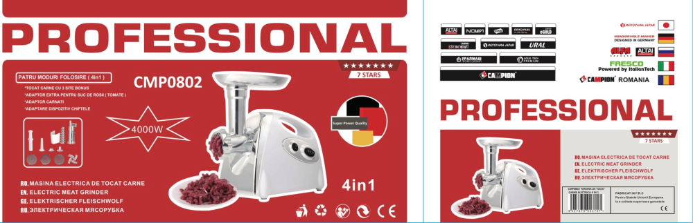 Mașină Electrică de Tocat Carne CAMPION CMP0802 – 4 în 1, 4000W Max., 3 Site, Accesorii Cârnați, Suc de Roșii și Chiftele [6]