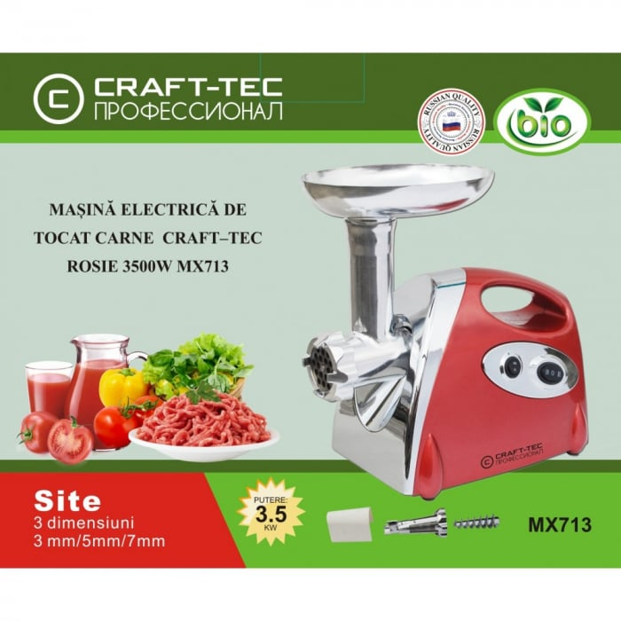 Masina de tocat carne Craft-Tec Rosu 3800W, Accesorii rosii, carnati, chiftele, 3 site, functia revers, motor cupru [4]