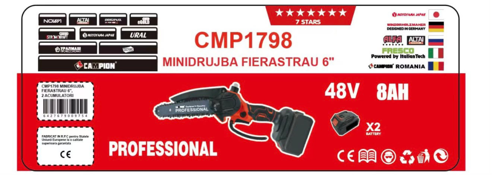 Mini Drujbă cu Acumulator CAMPION PROFESSIONAL CMP1798, Lamă 6”, 48V, 8Ah, 2 Acumulatori, Încărcător și Valiză [4]