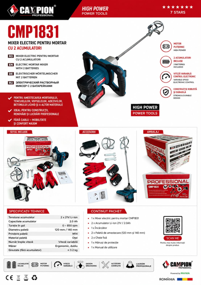 Mixerul, malaxor electric cu amestecator Breckner Germany pentru vopsea, mortar si adeziv are o putere nominala de 1200 W, alimentare la 220 -240 V si frecventa 50 - 60 Hz, proiectat pentru obtinerea [4]
