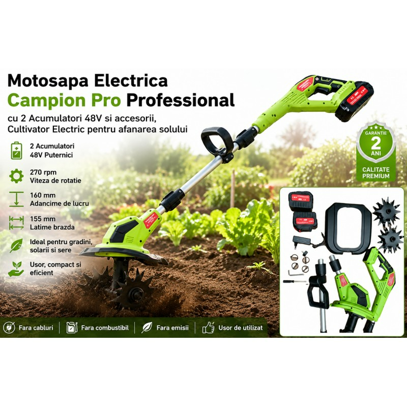 Motosapa Electrica Campion Pro Professional cu 2 Acumulatori 48V si accesorii, Cultivator Electric pentru afanarea solului [4]