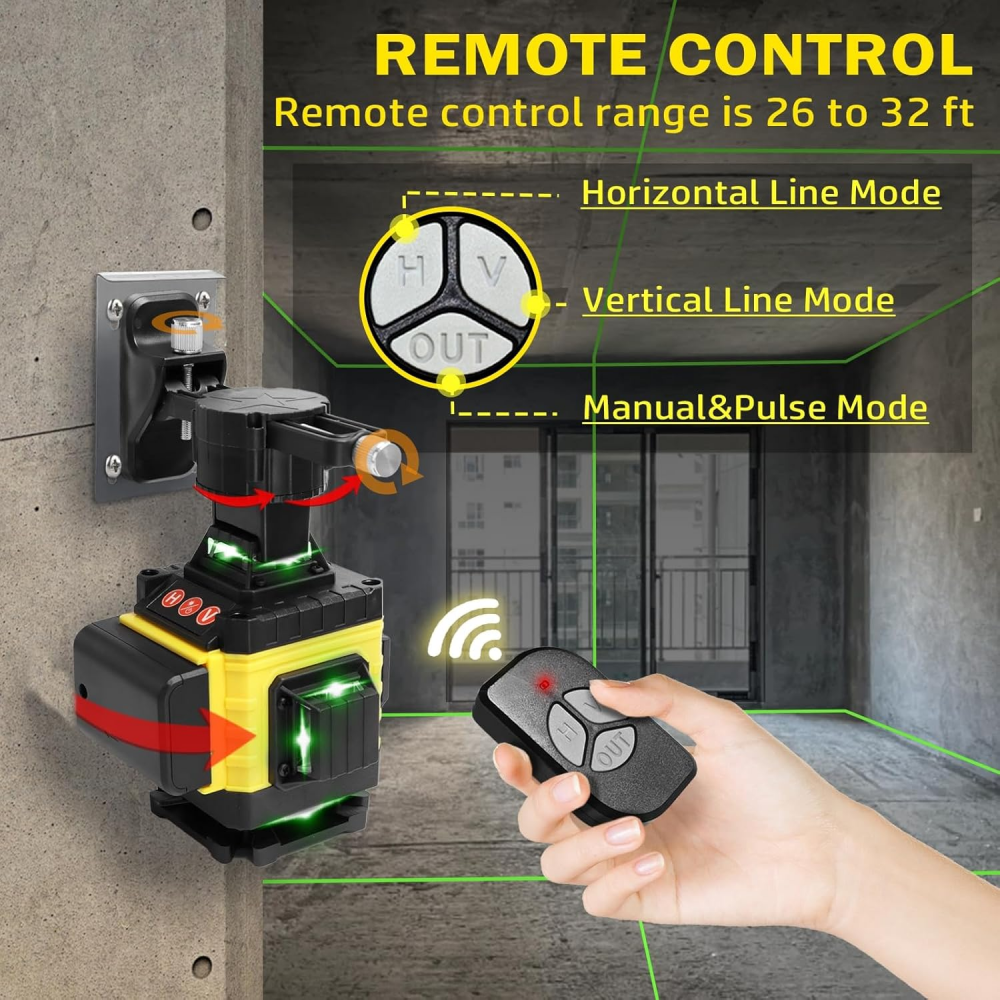 Nivela Laser 4D cu 16 Linii, Autonivelare, Telecomandă, Lumina Verde, Trepied 150 cm, Platformă de Ridicare [3]