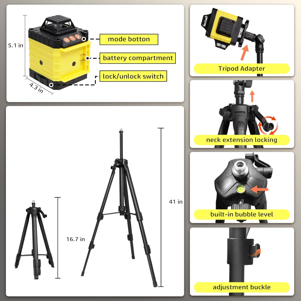 Nivela Laser 4D cu 16 Linii, Autonivelare, Telecomandă, Lumina Verde, Trepied 150 cm, Platformă de Ridicare [6]