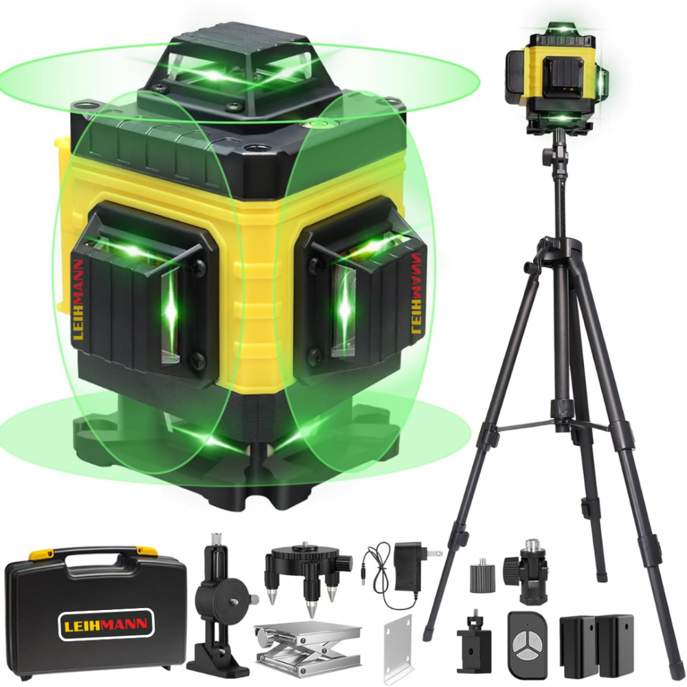 Nivela Laser 4D cu 16 Linii, Autonivelare, Telecomandă, Lumina Verde, Trepied 150 cm, Platformă de Ridicare [1]