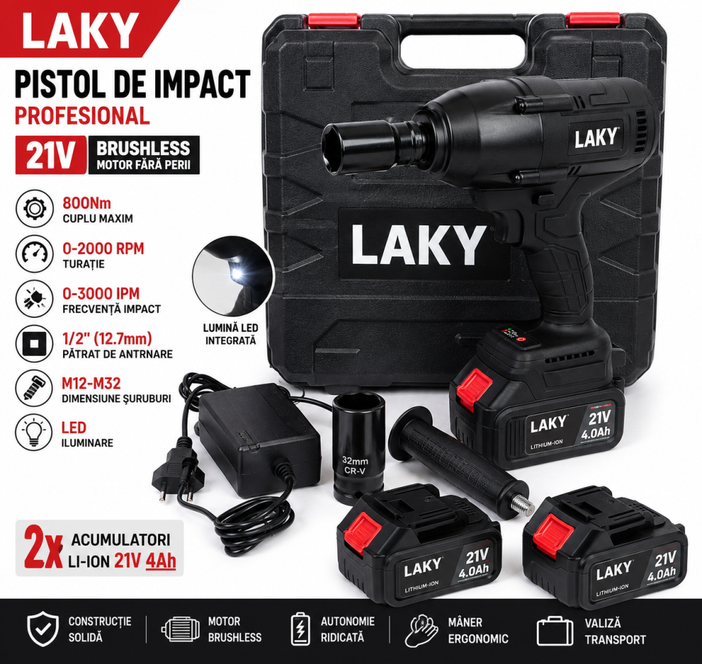 Pistol de Impact Profesional LAKY Brushless 21V, 800Nm, 2 Acumulatori 4Ah, Tubulară 32mm, 1/2", LED, Valiză Transport [3]