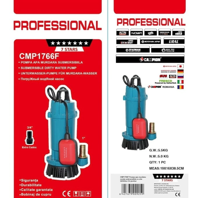 Pompa submersibila apa curata CMP1766F QDX3-25-0.75F, 0.75kW, 1HP, debit 3 mc/h, inaltime refulare 25m, 2860RPM, 110-220V, cu plutitor [3]