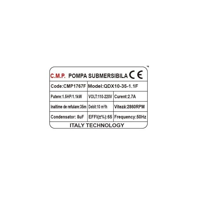 Pompa submersibila apa curata CMP1767F QDX10-35-1.1F, 1.1kW, 1.5HP, debit 10 mc/h, inaltime refulare 35m, iesire 2" / 1.5" / 1", 2860RPM, 110-220V, cu plutitor [2]