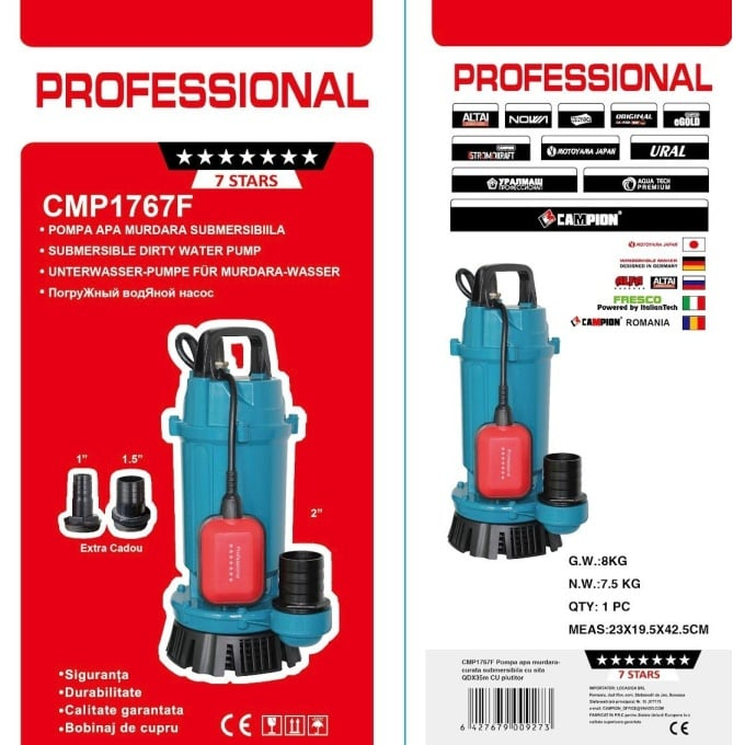 Pompa submersibila apa curata CMP1767F QDX10-35-1.1F, 1.1kW, 1.5HP, debit 10 mc/h, inaltime refulare 35m, iesire 2" / 1.5" / 1", 2860RPM, 110-220V, cu plutitor [3]