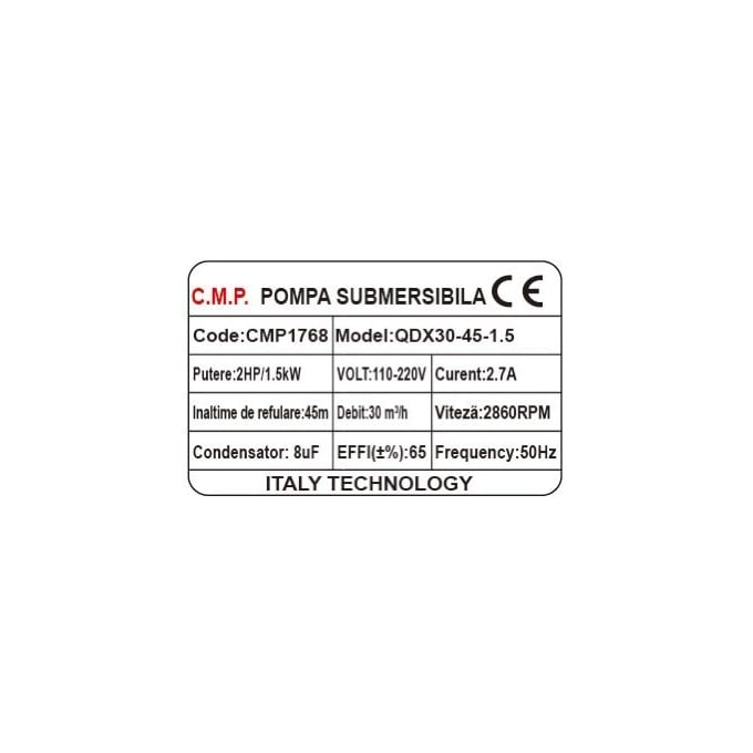 Pompa submersibila apa curata CMP1768 QDX30-45-1.5, 1.5kW, 2HP, debit 30 mc/h, inaltime refulare 45m, iesire 2" / 1.5" / 1", 2860RPM, 110-220V, fara plutitor [2]