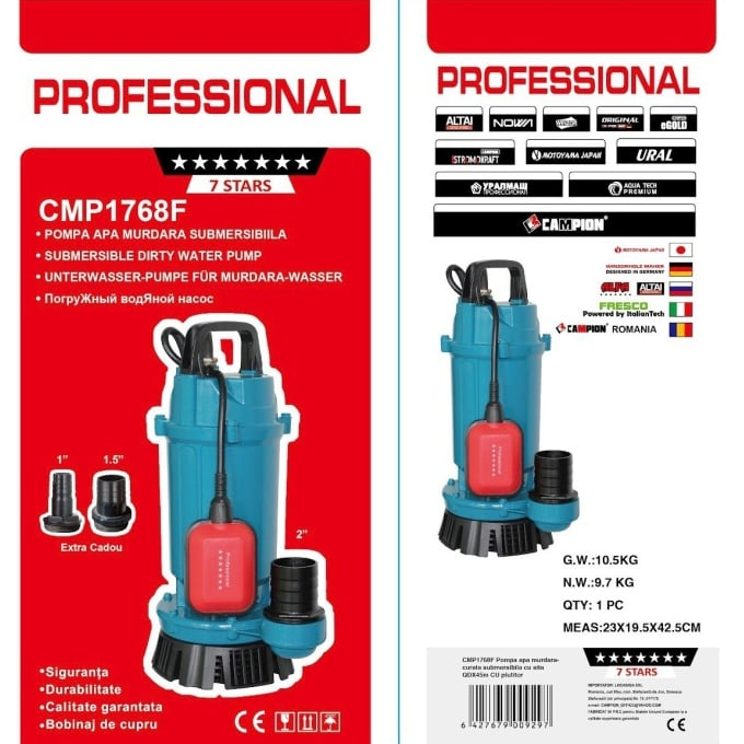 Pompa submersibila apa curata CMP1768F QDX30-45-1.5F, 1.5kW, 2HP, debit 30 mc/h, inaltime refulare 45m, iesire 2" / 1.5" / 1", 2860RPM, 110-220V, cu plutitor [3]