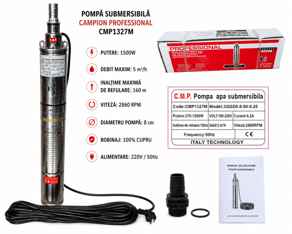 Pompă Submersibilă de Adâncime Campion Professional CMP1327M, 1500W, Bobinaj Cupru, Diametru 8cm, Refulare 160m, Debit 5m³/h, cu Reducție 3/4" [2]