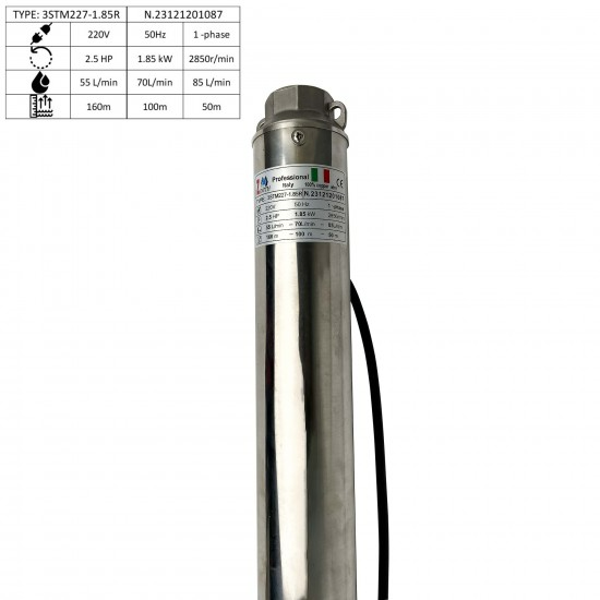 Pompa submersibila cu 27 turbine, ZINITH ITALY 3STM227, 1.85KW, 85 L/MIN 160M, bobinaj cupru, cablu alimentare 20M [3]