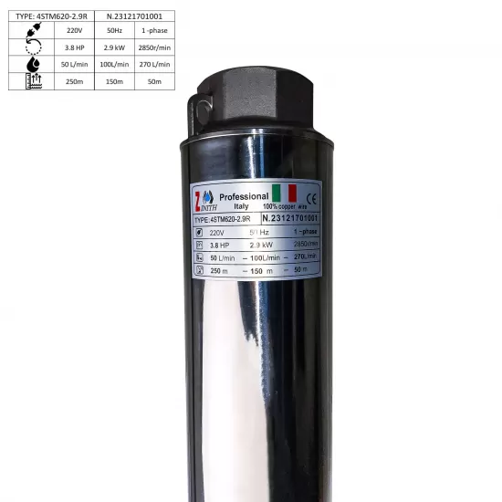 POMPA SUBMERSIBILA ZINITH ITALY 4STM620, 20 turbine,  2.9 KW, 270 L/MIN, 250M, BOBINAJ CUPRU, CABLU ALIMENTARE 20M [4]