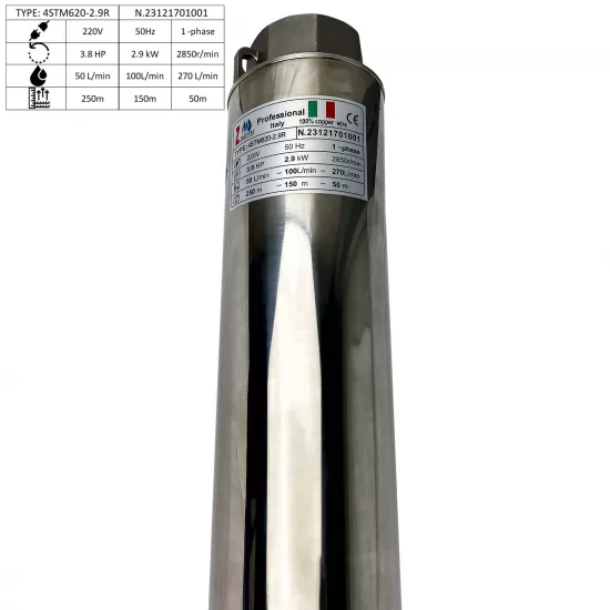 POMPA SUBMERSIBILA ZINITH ITALY 4STM620, 20 turbine,  2.9 KW, 270 L/MIN, 250M, BOBINAJ CUPRU, CABLU ALIMENTARE 20M [3]