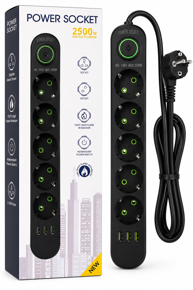Prelungitor Electric cu 5 Prize și 3 Porturi USB, Întrerupător, Protecție Ignifugă, Putere Maximă 2500W, Negru [2]