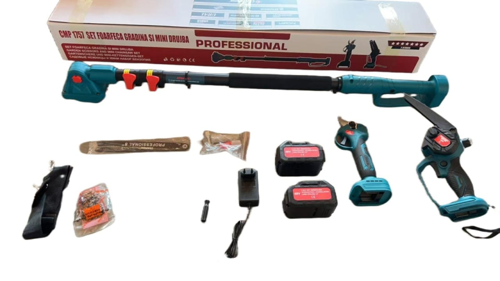 Set Foarfeca de Gradina și Mini Drujba 48V 8Ah , 2 Acumulatori, Brat Telescopic 2 m, Unghi Reglabil de Taiere [3]