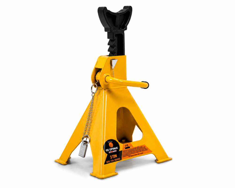 Set format din 2 suporturi tip capră auto GS Optimus cu capacitate maximă de 3 tone. Prevăzute cu sistem de blocare cu clichet, construcție din oțel rezistent și înălțime reglabilă între 260 și 435 mm [2]
