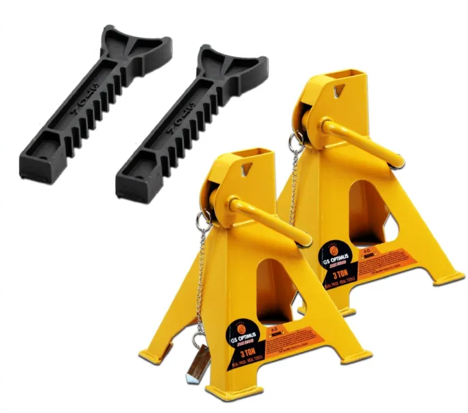 Set format din 2 suporturi tip capră auto GS Optimus cu capacitate maximă de 3 tone. Prevăzute cu sistem de blocare cu clichet, construcție din oțel rezistent și înălțime reglabilă între 260 și 435 mm [3]