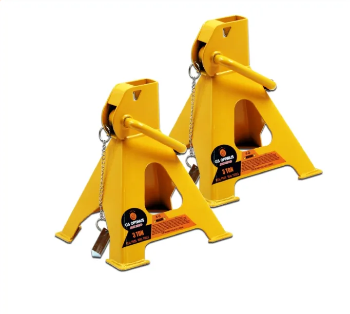 Set format din 2 suporturi tip capră auto GS Optimus cu capacitate maximă de 3 tone. Prevăzute cu sistem de blocare cu clichet, construcție din oțel rezistent și înălțime reglabilă între 260 și 435 mm [5]