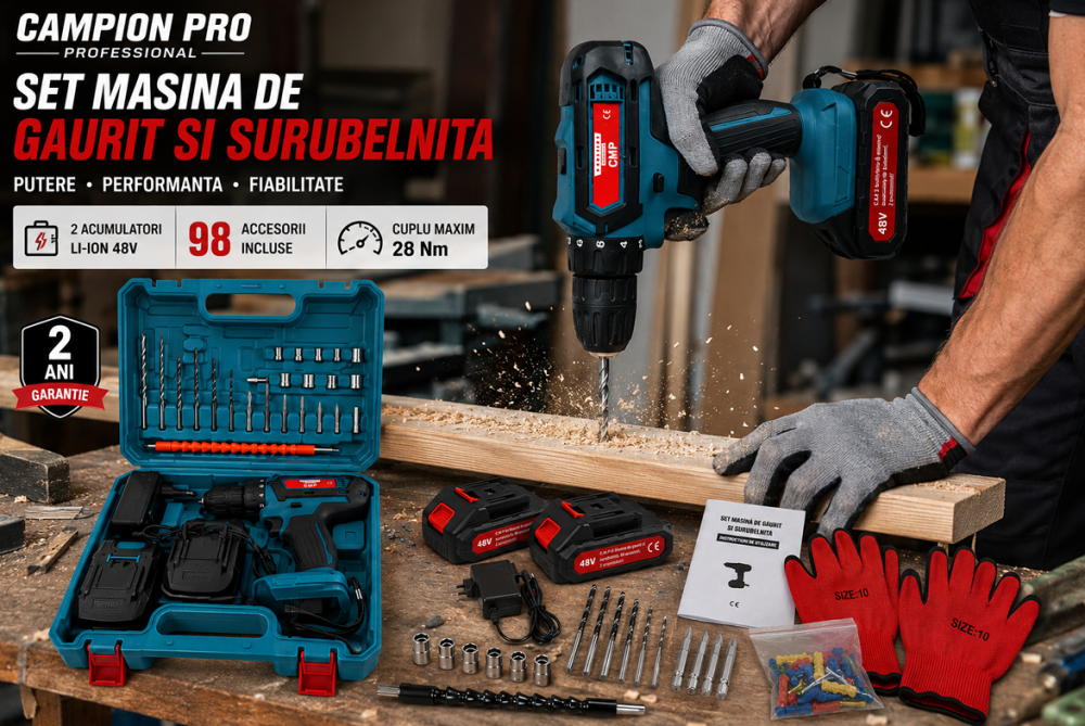 Set Mașină de Găurit și Înșurubat CAMPION PRO Professional, 2 Acumulatori 48V, 28Nm, Mandrină 10 mm, 98 Accesorii și Geantă [7]