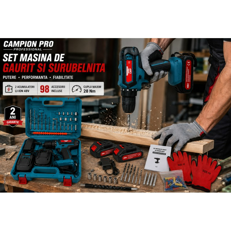 Set Mașină de Găurit și Înșurubat CAMPION PRO Professional, 2 Acumulatori 48V, 28Nm, Mandrină 10 mm, 98 Accesorii și Geantă [9]