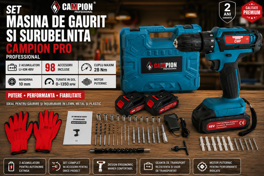 Set Mașină de Găurit și Înșurubat CAMPION PRO Professional, 2 Acumulatori 48V, 28Nm, Mandrină 10 mm, 98 Accesorii și Geantă [8]