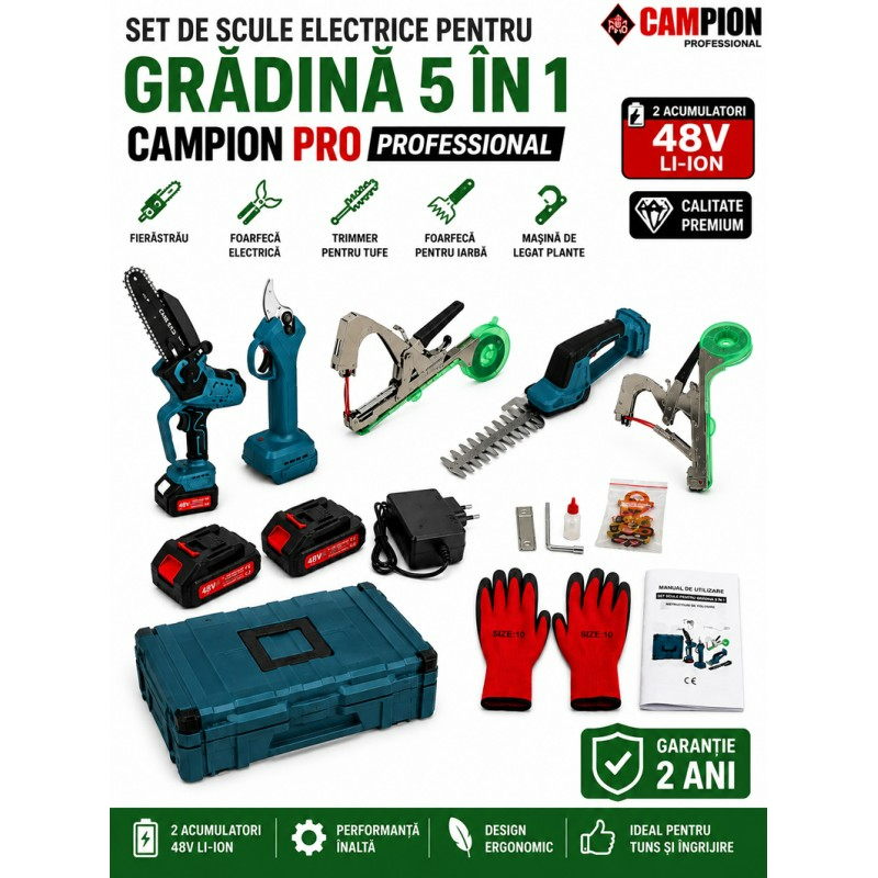 Set Scule de Grădină fără Fir CAMPION PROFESSIONAL CMP1830, 5 în 1, 2 Acumulatori 48V 10Ah, Fierăstrău, Foarfecă Electrică, Trimmer și Mașină de Legat [3]