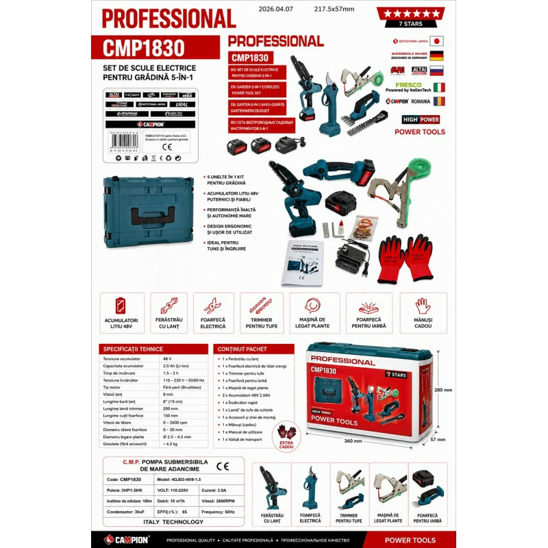 Set Scule de Grădină fără Fir CAMPION PROFESSIONAL CMP1830, 5 în 1, 2 Acumulatori 48V 10Ah, Fierăstrău, Foarfecă Electrică, Trimmer și Mașină de Legat [2]