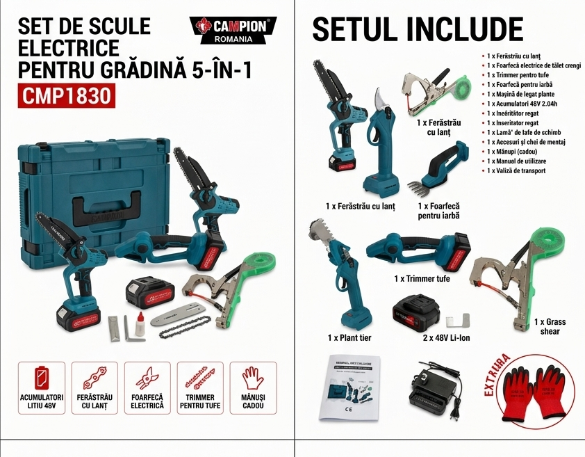 Set Scule de Grădină fără Fir CAMPION PROFESSIONAL CMP1830, 5 în 1, 2 Acumulatori 48V 10Ah, Fierăstrău, Foarfecă Electrică, Trimmer și Mașină de Legat [4]