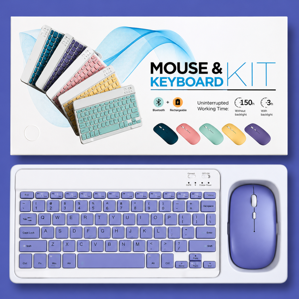 Set Tastatură și Mouse Wireless Bluetooth, Reîncărcabile, Tastatură Compactă cu Iluminare, Compatibil Android, Windows și iOS, Roz [3]