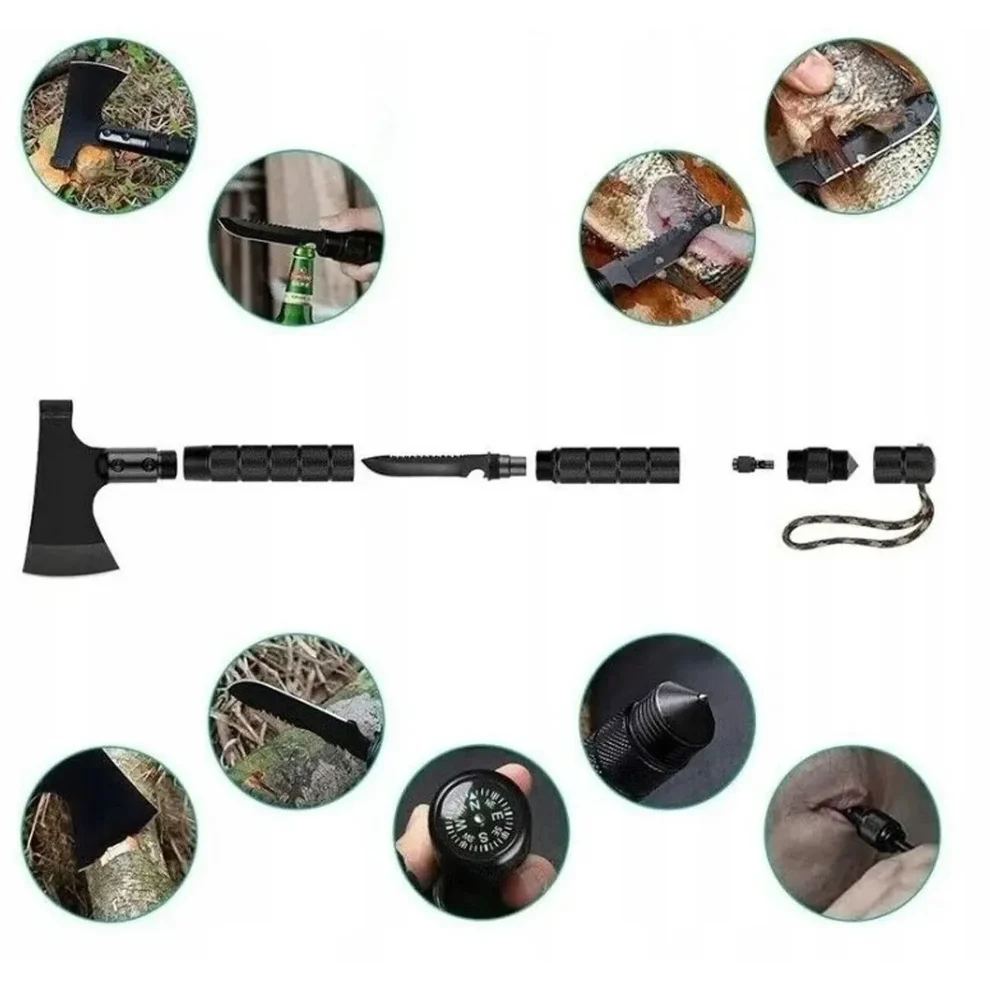 Topor Multifuncțional 9 în 1 pentru Camping și Outdoor, 43,5 cm, Oțel 420, Cuțit, Fierăstrău, Amnar, Fluier, Busolă, Husă [2]