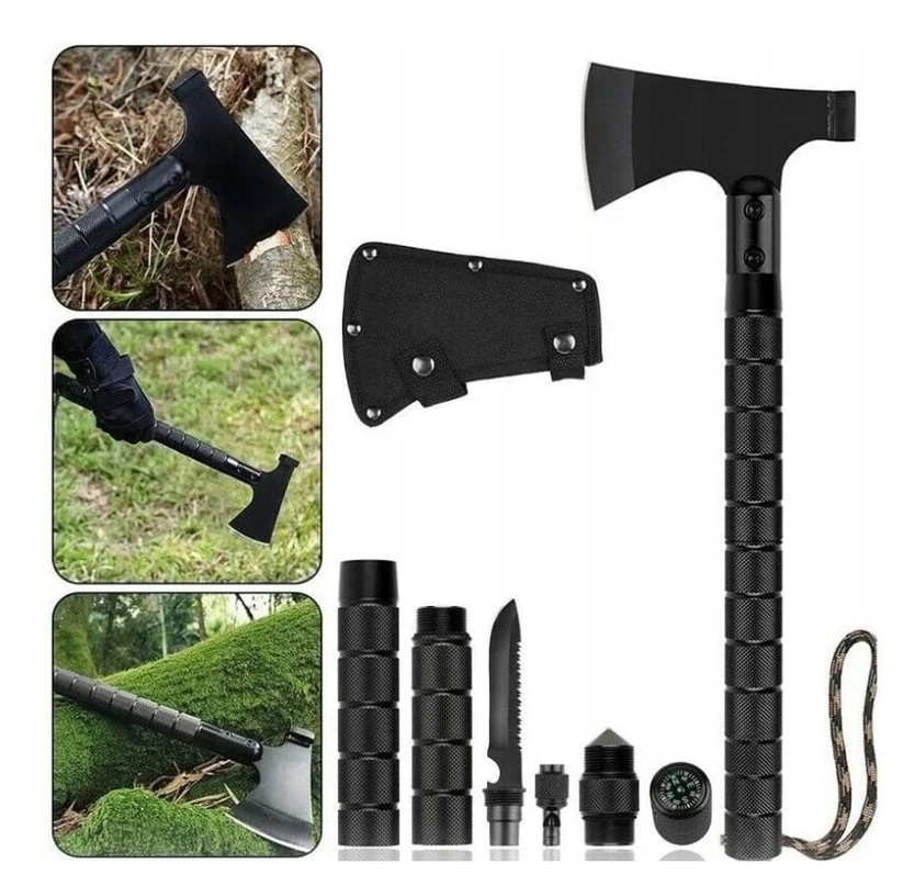 Topor Multifuncțional 9 în 1 pentru Camping și Outdoor, 43,5 cm, Oțel 420, Cuțit, Fierăstrău, Amnar, Fluier, Busolă, Husă [3]