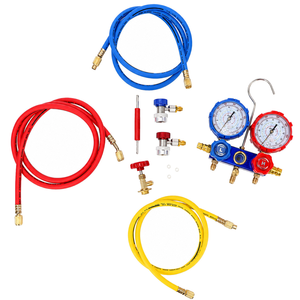 Trusa Manometre Aer Conditionat Auto si Instalatii Frigorifice, 2 Cai, 0-800 PSI, 3 Furtunuri 1.5 m, Cuplaje Rapid LOW/HIGH, Compatibila R134A, R22, R410A [6]