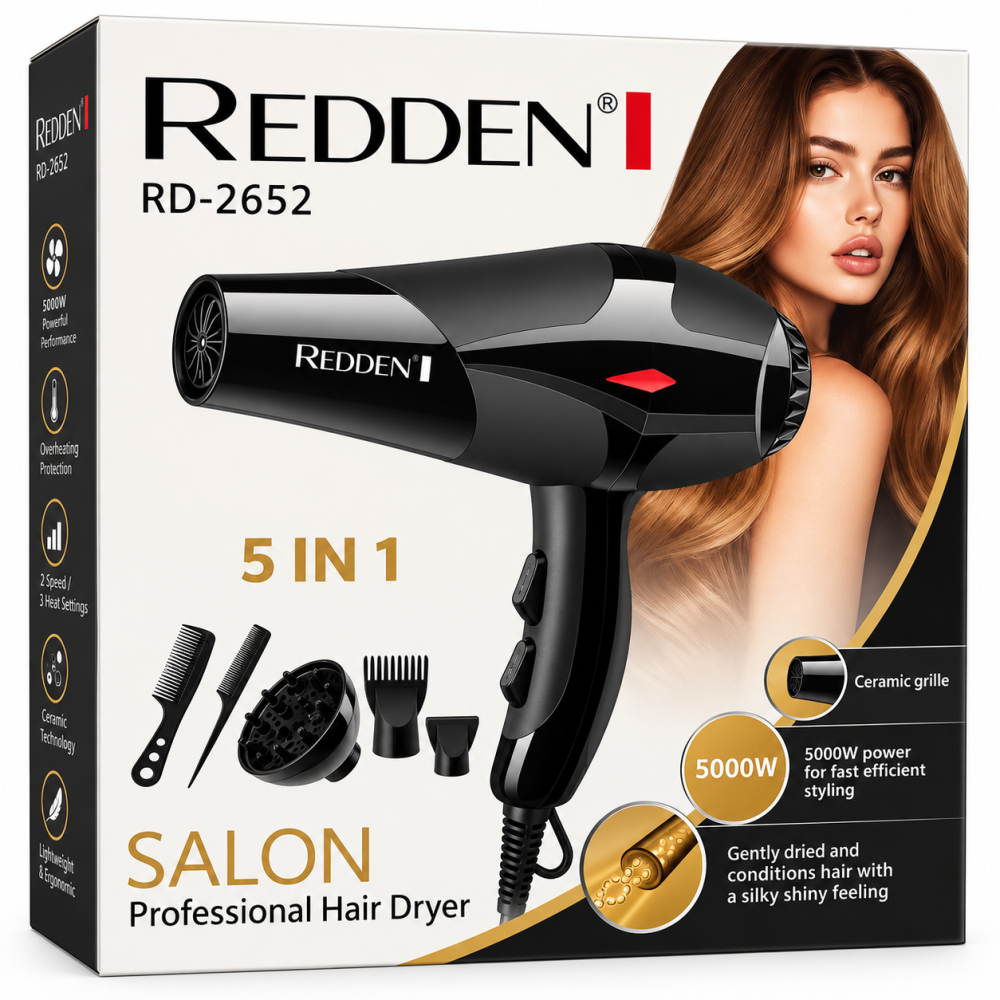 Uscător de Păr Profesional REDDEN RD-2652, 5000W, 5 în 1, Grilă Ceramică, Accesorii Styling, Negru [3]