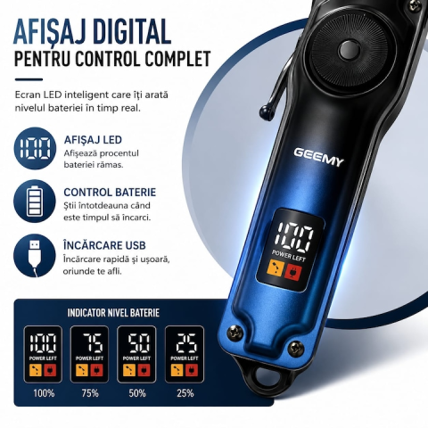 Mașină de Tuns Profesională GEEMY GM-8102, Reîncărcabilă USB, Display LED, Lame Inox, 4 Piepteni, pentru Păr, Barbă și Contur [1]