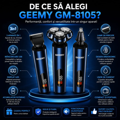 Aparat de Ras și Tuns GEEMY GM-8105, Set 3 în 1, Shaver Rotativ, Trimmer Barbă, Nas și Urechi, Display LED, Reîncărcabil USB [1]